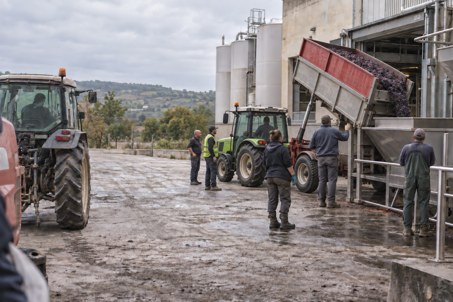 Des tracteurs et leurs remorques de raisins arrivent au quai d’une cave coopérative pendant les vendanges