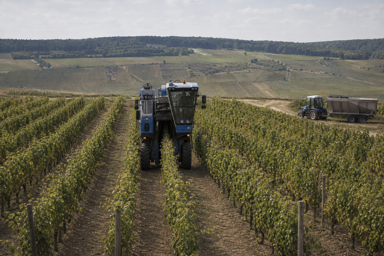 Machine à vendanger enjambant un seul rang, avec ses roues dans les inter-rangs et un tracteur en attente.