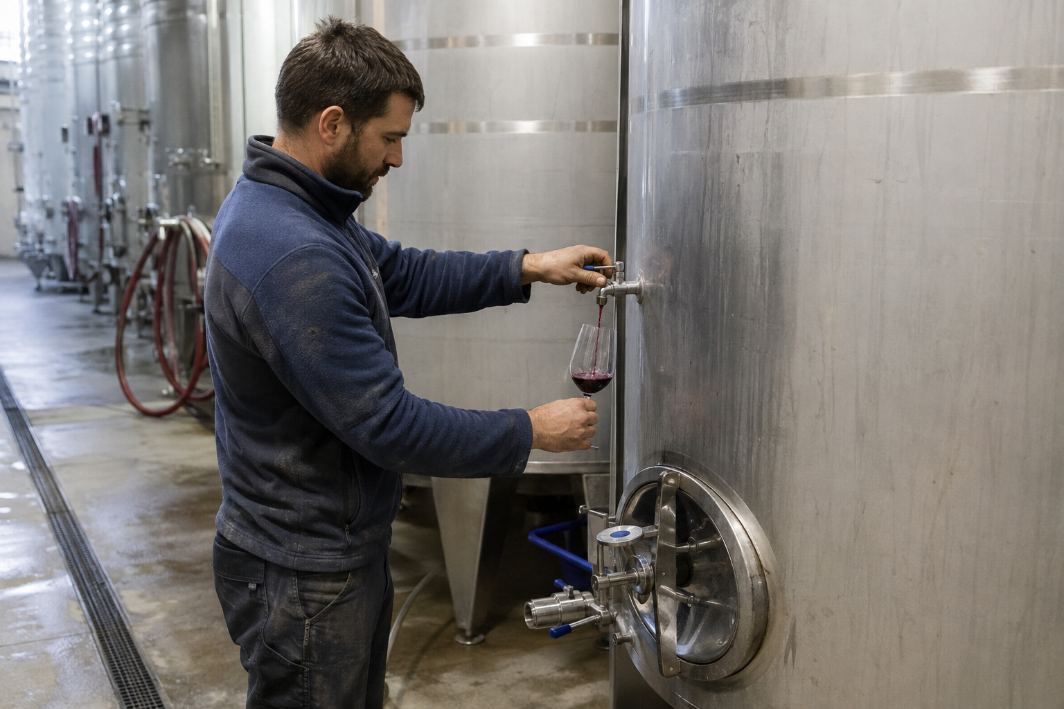 Employé de chai prélevant du vin au robinet dégustateur d’une cuve en inox.