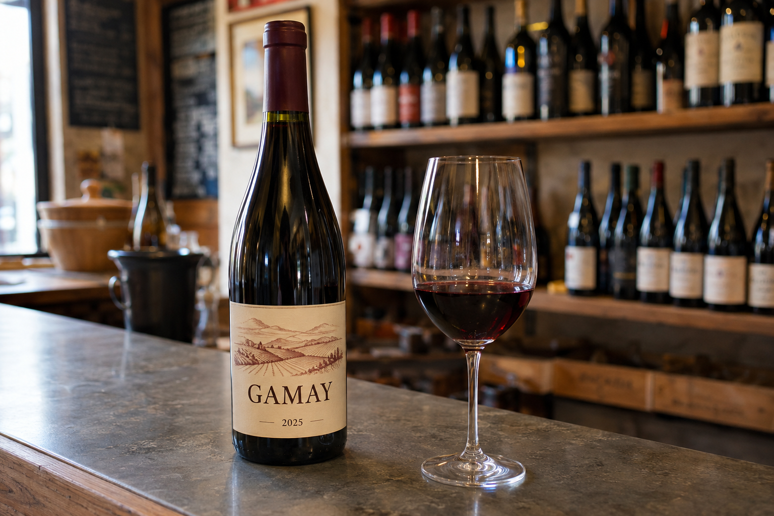 Bouteille de gamay avec une étiquette imprimée et verre de vin rouge dans une salle de dégustation.