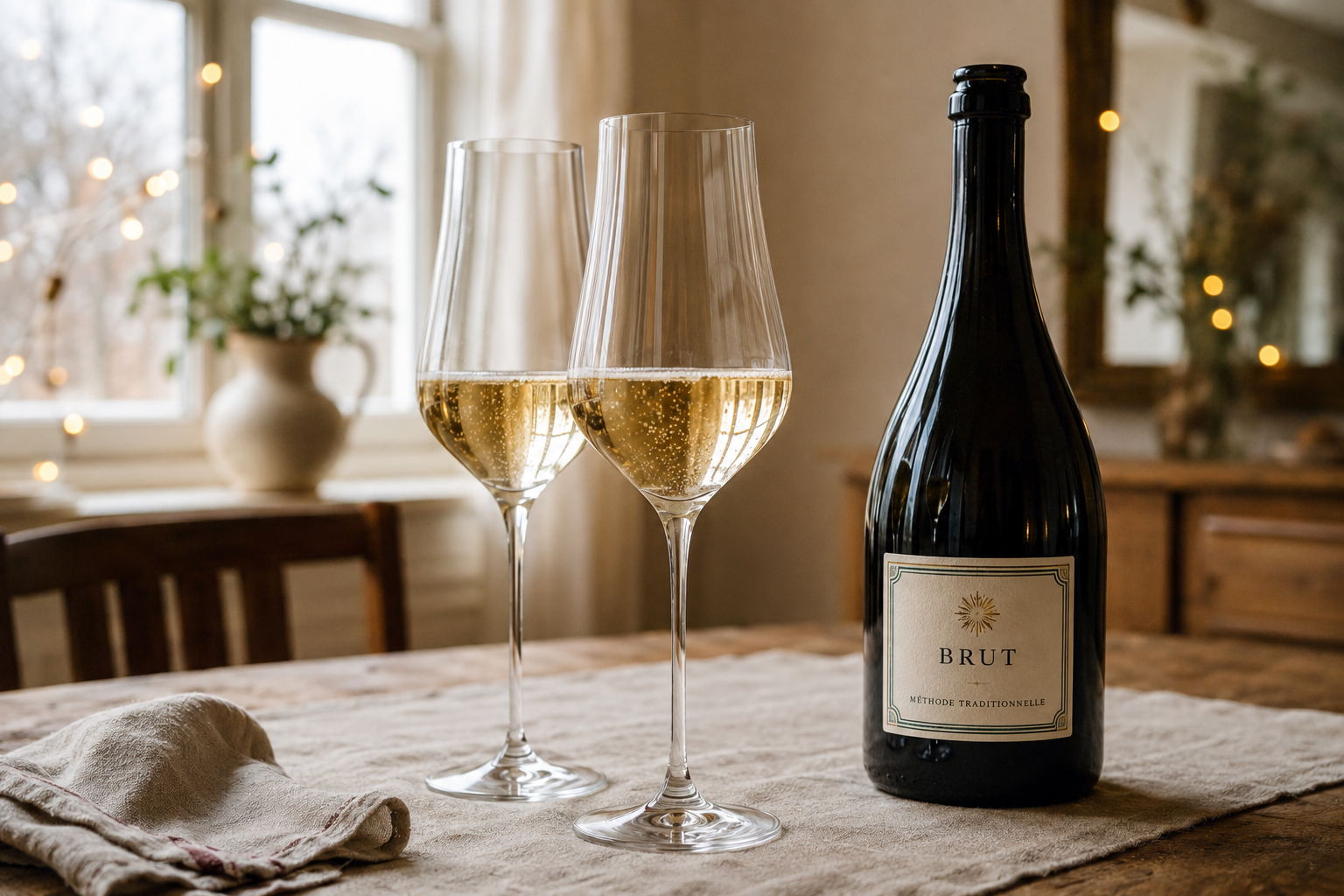 Bouteille de vin effervescent étiquetée Brut et deux verres dans une ambiance lumineuse.