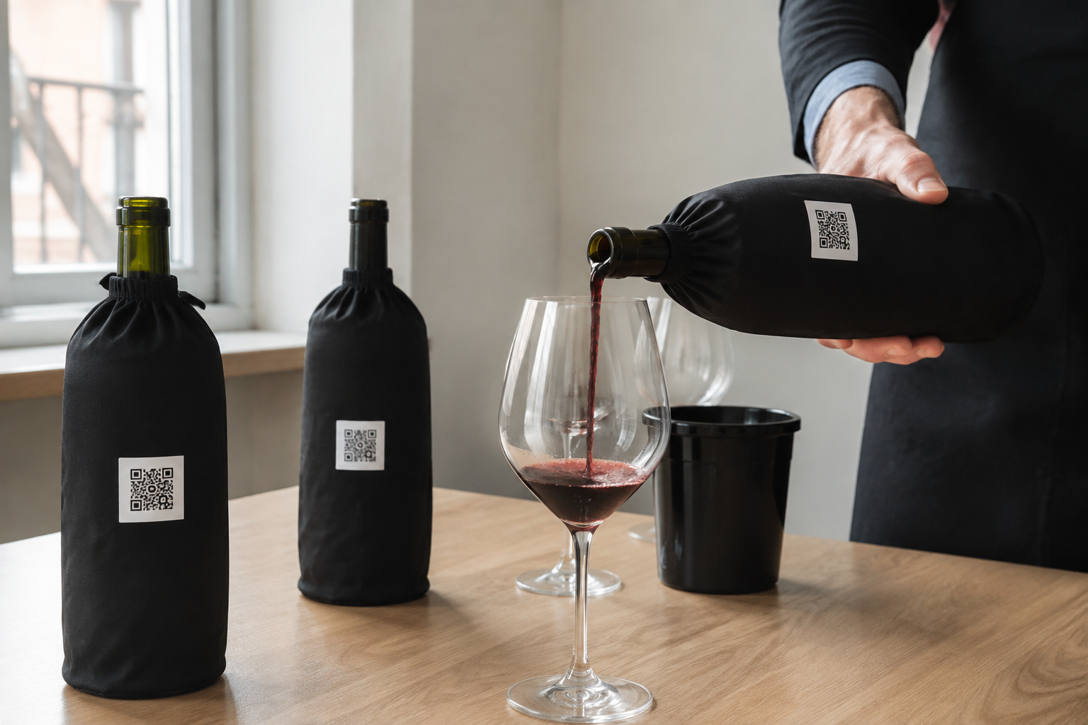Service d’un vin à l’aveugle depuis une chaussette noire ouverte, identifiée par un QR code.