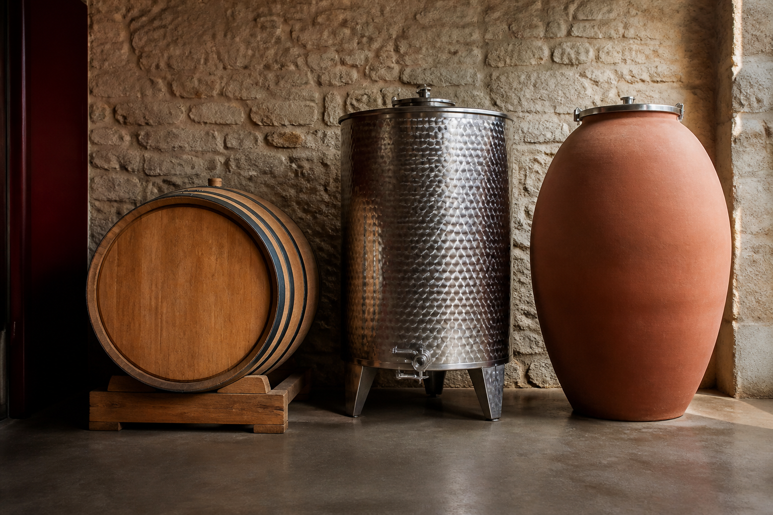 Barrique de chêne, cuve en inox et amphore de terre cuite dans un chai contemporain.