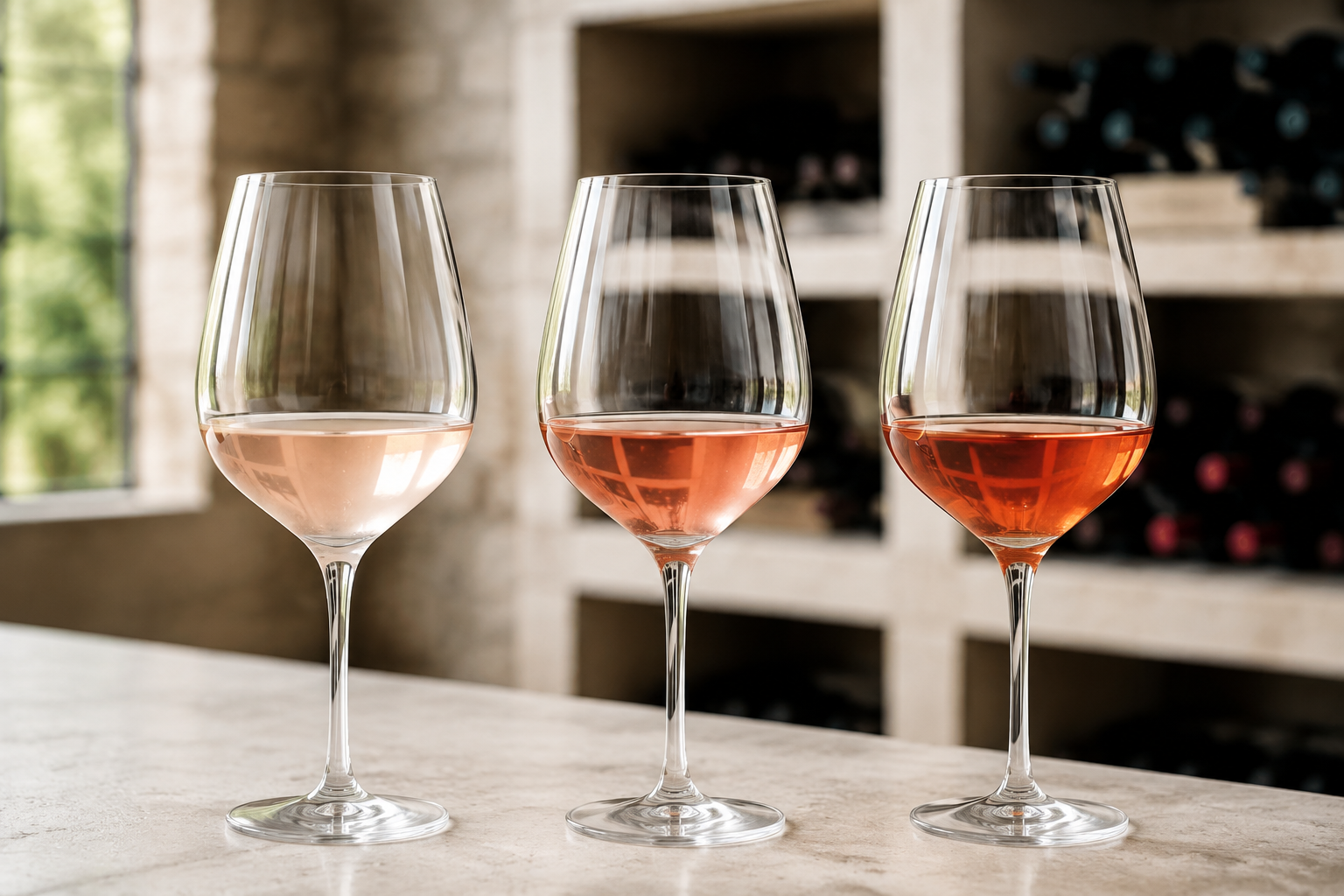 Trois verres identiques contenant des rosés de teintes différentes sur une table claire.