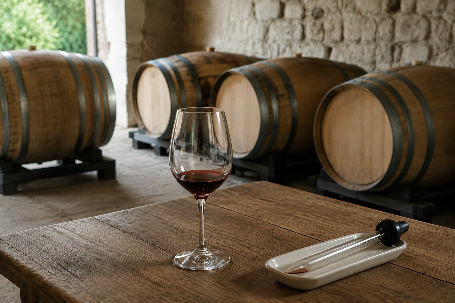 Verre d’échantillon sur une table devant des barriques reposant sur leurs supports au sol.