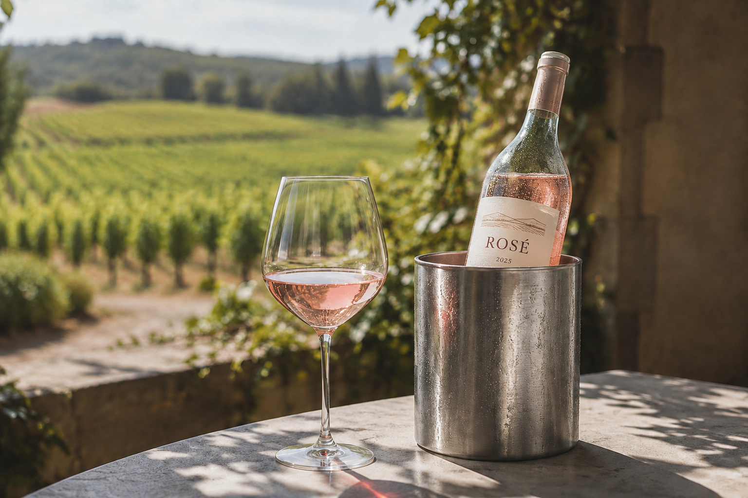 Bouteille de rosé étiquetée dans un rafraîchisseur et verre de rosé sur une terrasse.