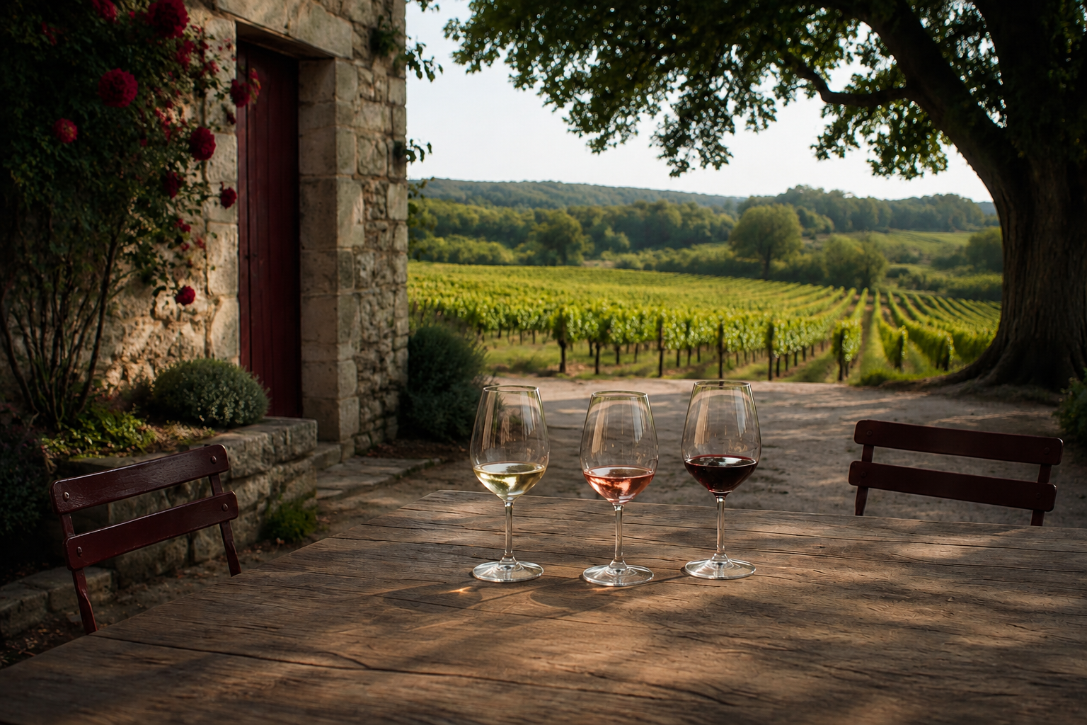 Trois verres de dégustation sur une table en bois dans la cour d’un domaine, sans livre ni carte.