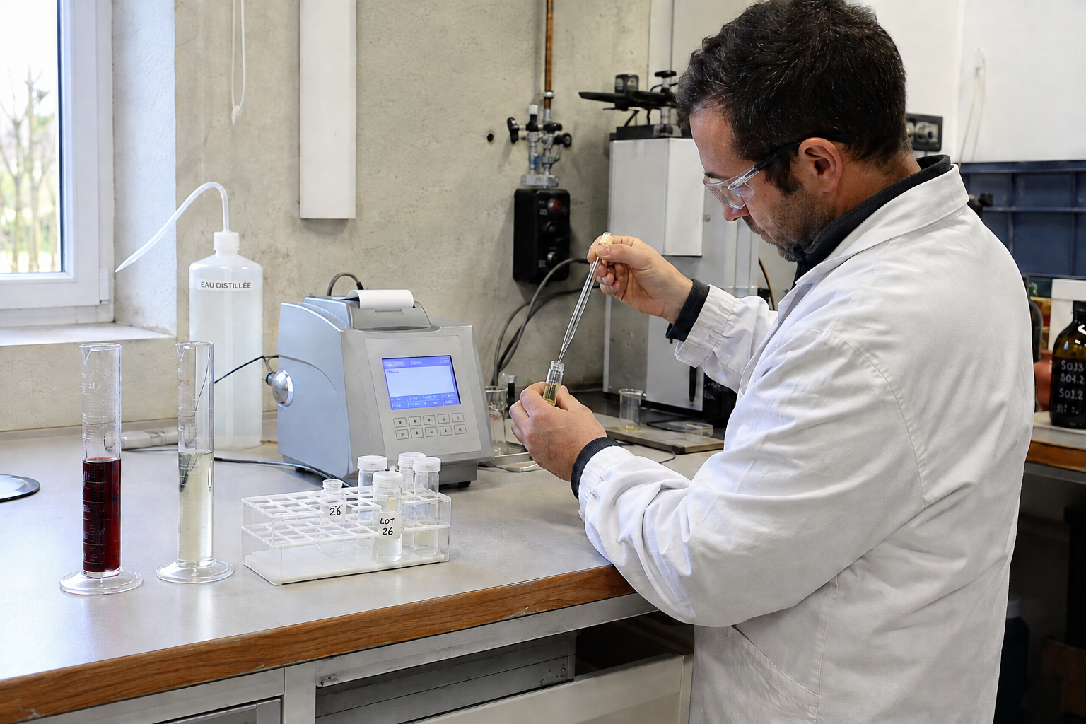 Œnologue analysant un échantillon dans le laboratoire d’un domaine viticole.